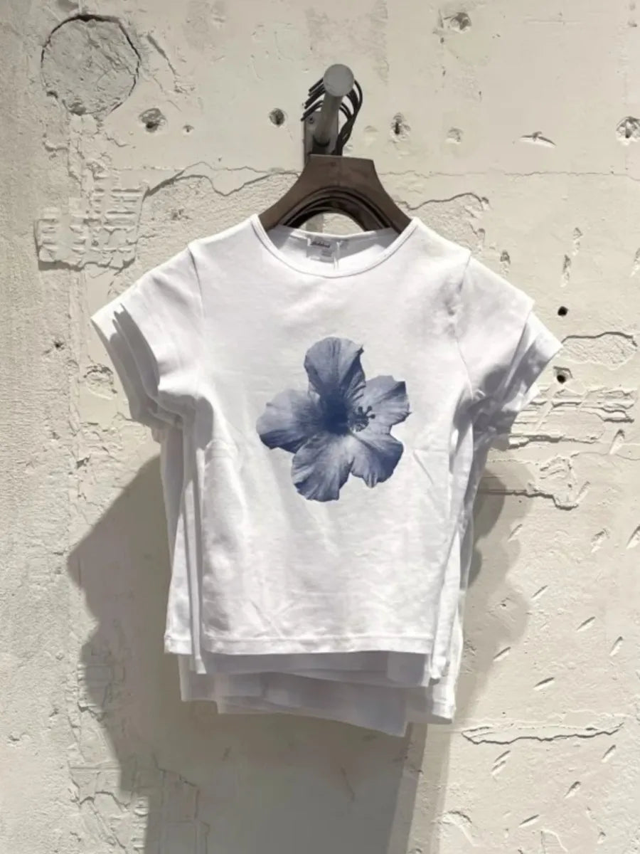 Flower Print Round Neck T-shirt Woman Summer Cotton Short Sleeve Slim Tee Shirts Clothes Female Vintage Sweet Cute Tshirts New