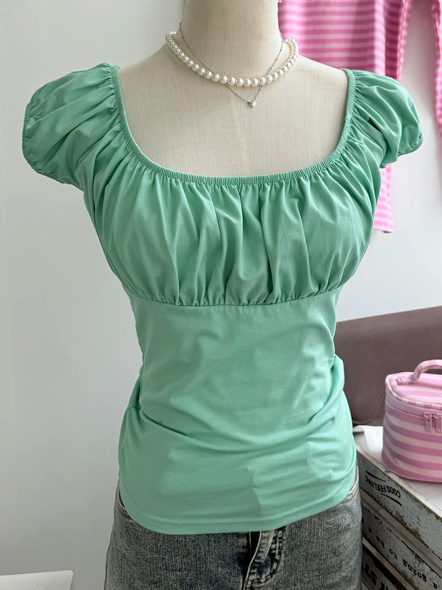 Mint Green Folds Slim T-shirts Women Summer Vintage Square Collar Cotton Puff Sleeve Tees Female Aesthetic Sweet Cute Y2K Tops