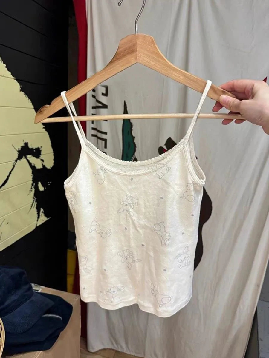 Rabbit Cotton Beige Tank Shorts Sets Woman Eyelet Slim Camisole+Elastic Waist Straight Sweatshorts Sweet Home 2 Piece Outfit New