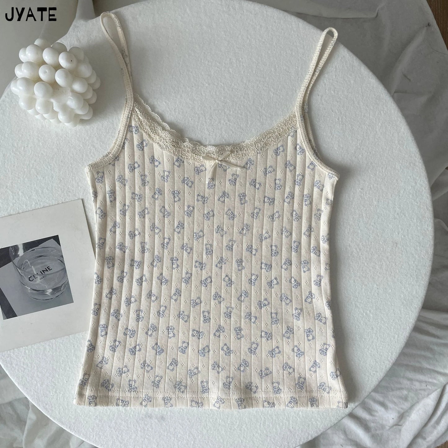 Sweet Floral Lace Trim Eyelet Tank Tops Women New Summer Cotton Bow Slim Preppy Style Cropped Vests Cute Preppy Style Chic Camis