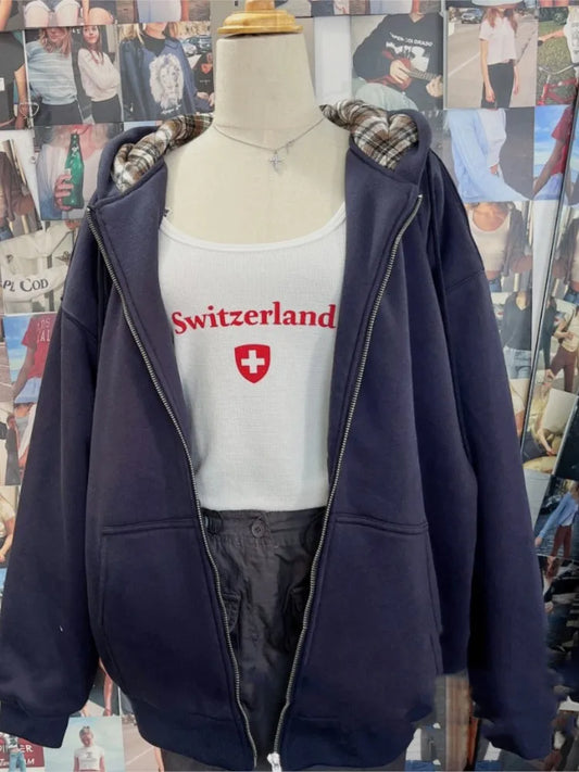 Plaid Print Thick Hoodie Coat Women Autumn Pockets Zip-up Drawstring Classic Pullover Tops Vintage Harajuku Y2K Chic Sweatshirts