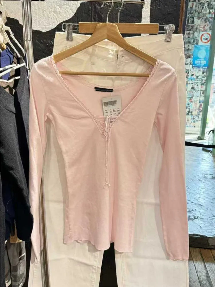 Lace Trim Long Sleeve Tees Women Spring Streetwear Cotton Slim V-neck Lace-up Tops Sweet Cute Pink Chic T-shirts