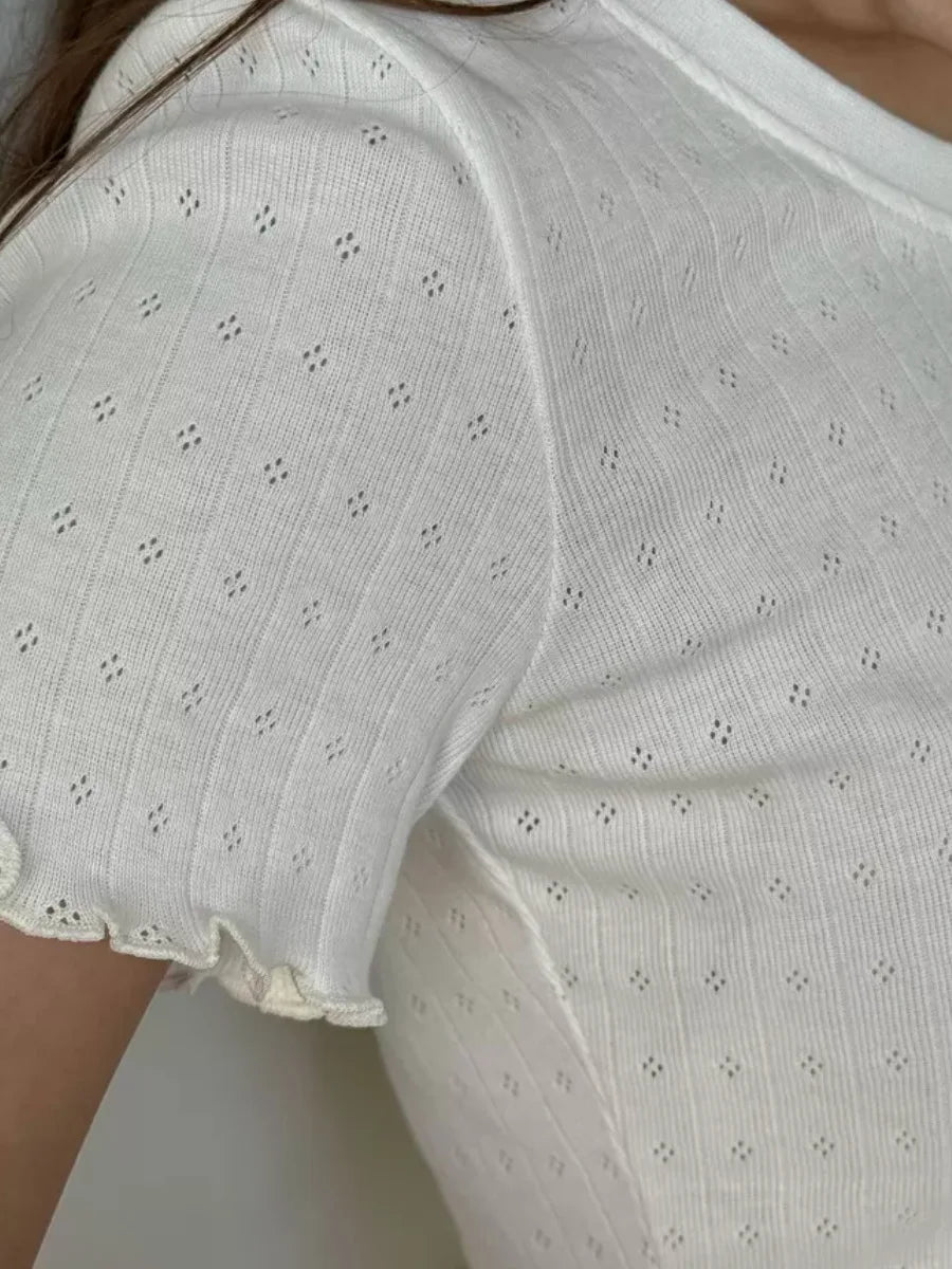 White Sweet Eyelet Short Sleeve T-shirt Shorts Set Women Casual Home Pajama 2 Piece Sets Slim Tees+Elastic Straight Sweatshort