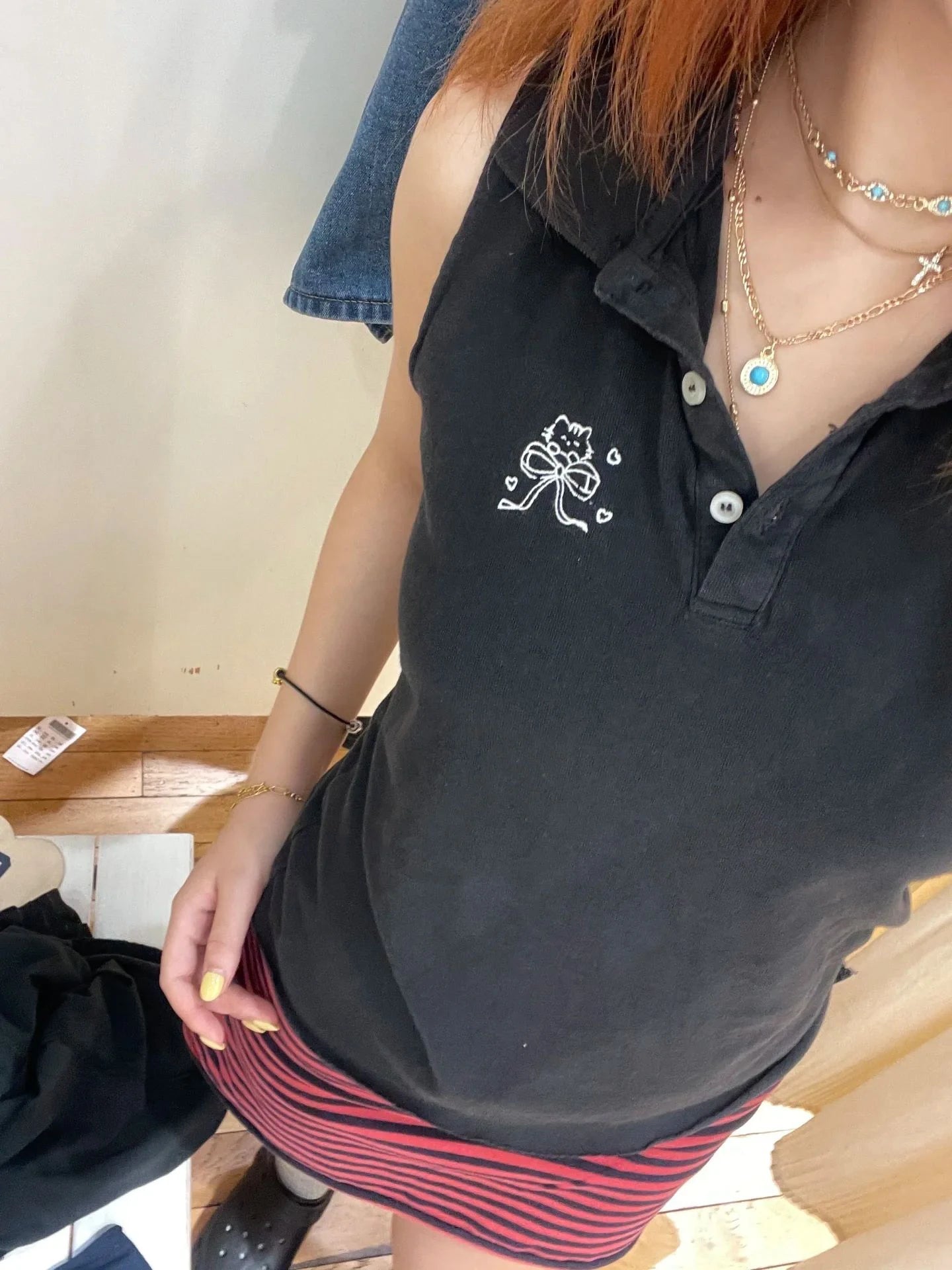 Cat with Bow Embroidery Tank Tops Summer Turn Down Collar Sleeveless Cotton Slim Vest Sweet Cute Preppy Style Woman's Camisole