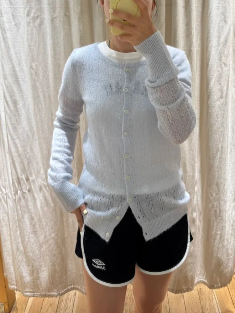 Hollw Out Mohair Long Sleeve T-Shirt Cardigan Women Autumn V-Neck Cotton Thin Smock Button Top Vintage Sweet Cute Tee Shirt Y2K
