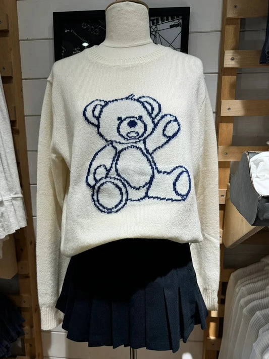 Bears Jacquard Cute Knit Sweaters Women Spring O-neck Long Sleeve Cotton Jumper Vintage Sweet Preppy Style Pull Sweater Tops Y2K