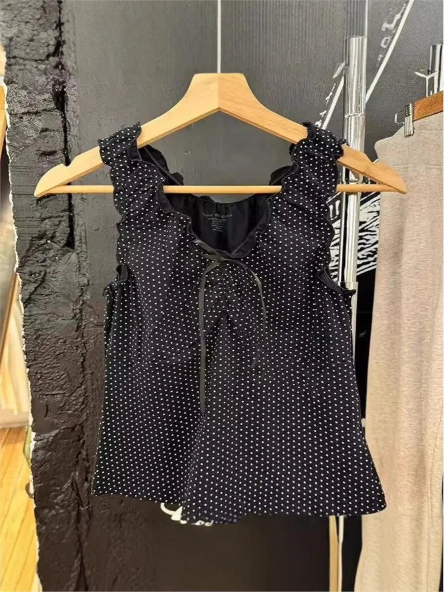 Black Folds Polka Dot Harajuku Tank Top Woman Summer New Sweet Bow V-neck Cotton Slim Camisole Vintage Simple Crop Top Vest Y2K