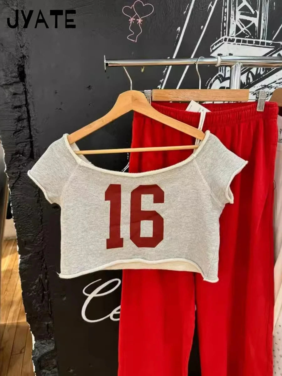 Fashion NO 16 Print Crop Tops Women Summer New Cotton Soft Raw Hem Slash Neck Short Sleeve Tees Sweet Preppy Style T-shirts Y2K