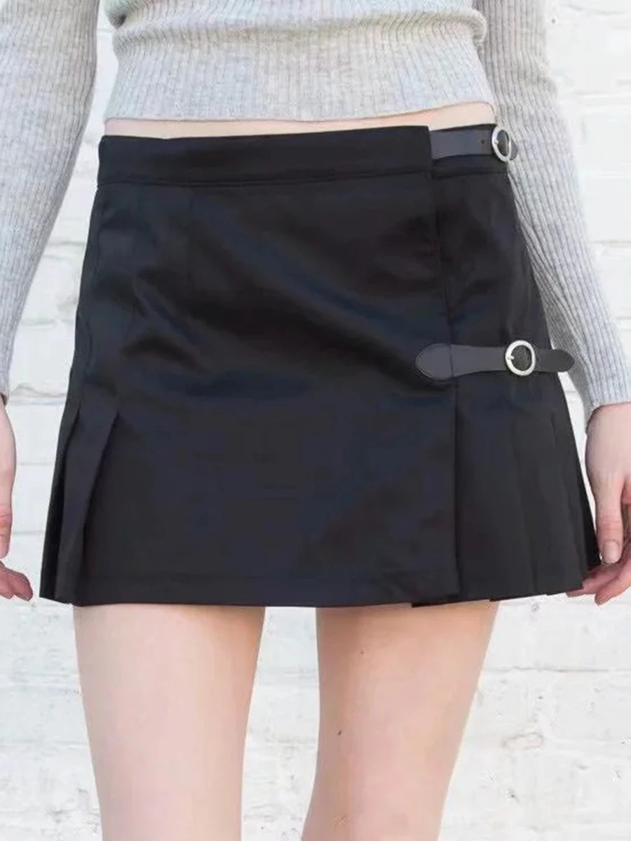 Fashion Solid Buckle Pleated Skirts Women Streetwear Aestjetic Chic Preppy Sexy Low Waist Mini Skirt Vintage Sweet Cute Faldas