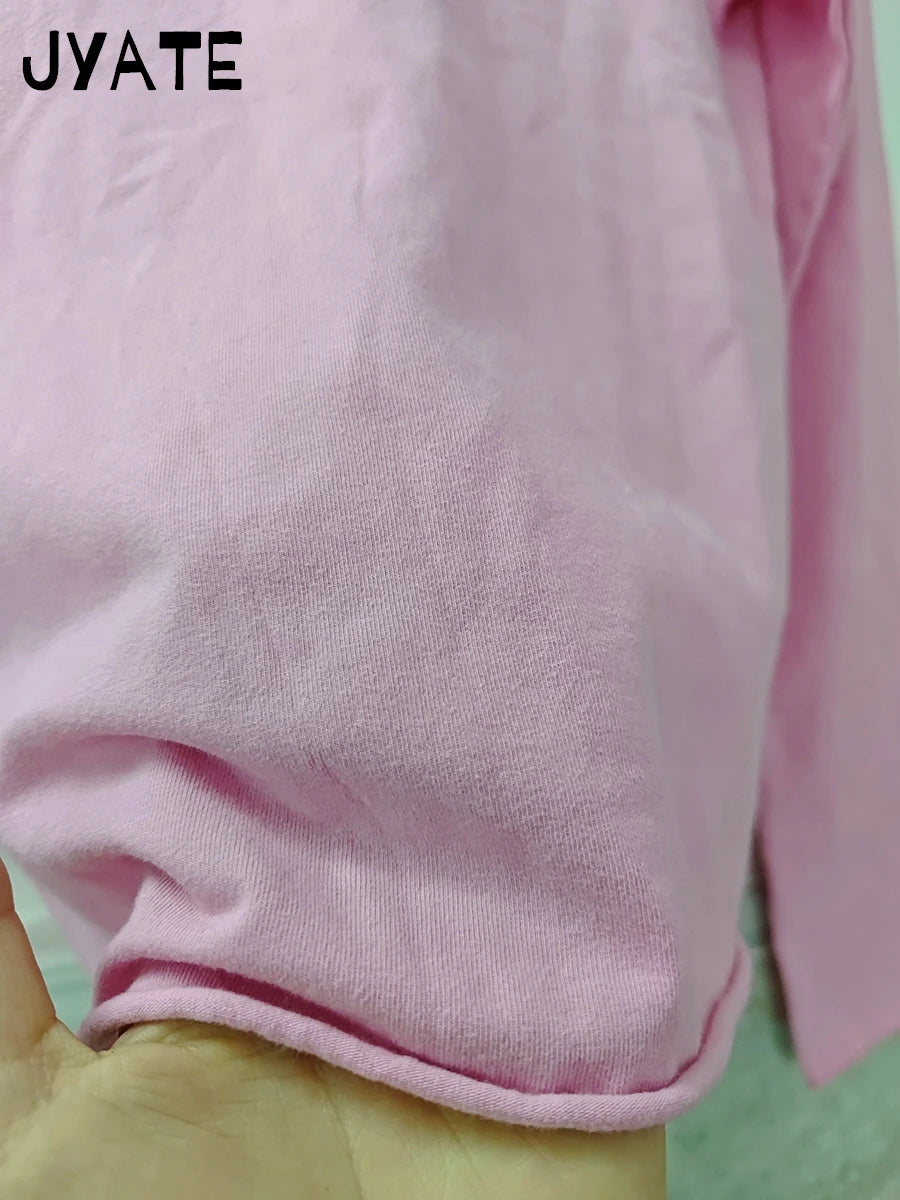 New Pink Raw Hem Long Sleeve Tees Women Casual Cotton Streetwear Slim Scoop Neck Crop Tops Femme Sweet Vintage Cute T-shirts Y2K