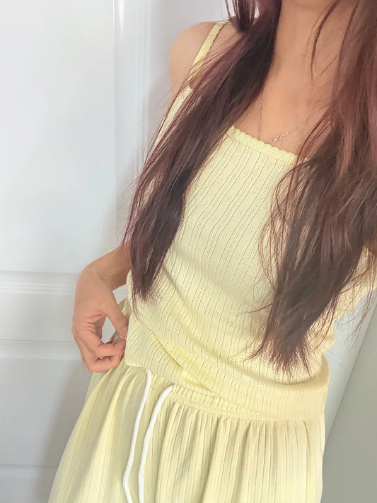Butter Yellow Eyelet 2 Pieces Sets Women New Cotton Soft Lace Trim Slim Tank Tops+Drawstring Home Long Pant Sweet Pajama Outfits