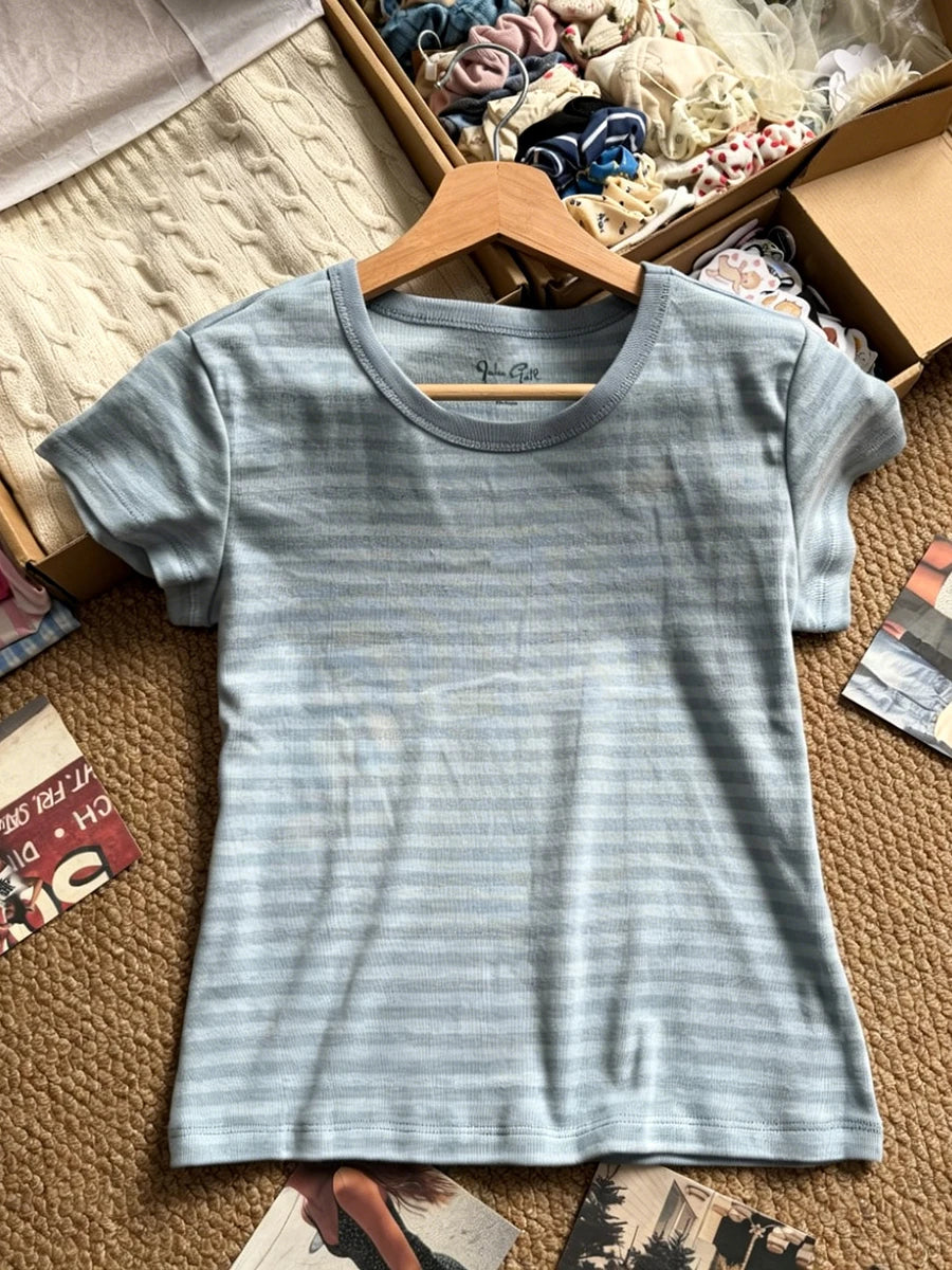 Blue Striped Slim Long Sleeve Tees Women Spring Casual Cotton O-neck Tshirt New Tops Clothes Sweet Cute  Vintage T-shirts Y2K