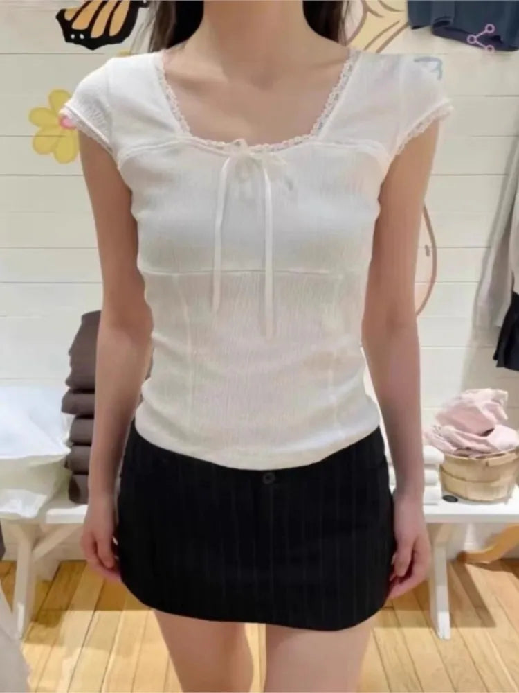 Lace Trim Square Neck T-shirts Women Summer New Casual Slim Bow Folds Texture Short Sleeve Tees Sweet Cute Preppy Style Tops Y2K