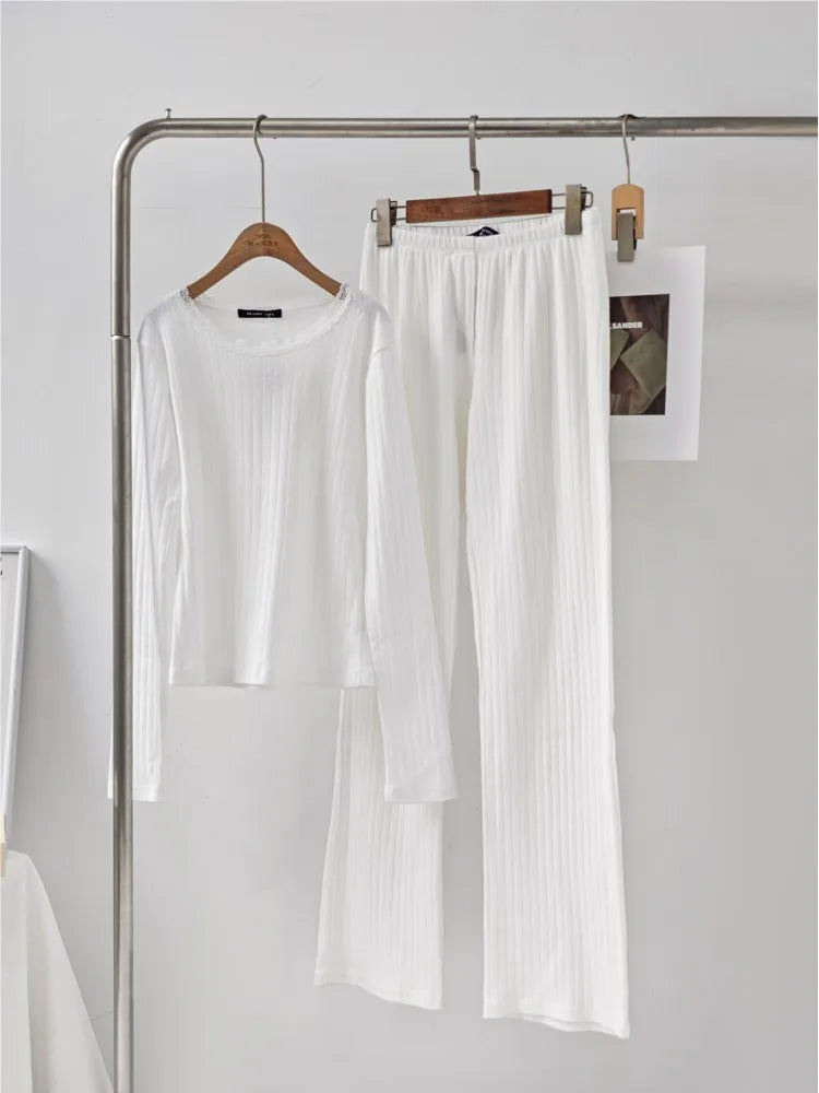 White Eyelet 2 Piece Sets Women Buttons Cotton Long Sleeve Tee+Elastic Waist Straight Trousers Home T-shirt Pant Pajama Set Y2K