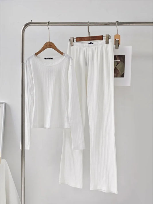 White Eyelet 2 Piece Sets Women Buttons Cotton Long Sleeve Tee+Elastic Waist Straight Trousers Home T-shirt Pant Pajama Set Y2K