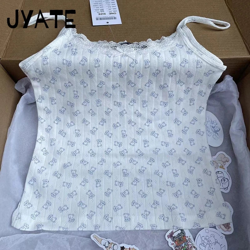 Cute Little Duck Bow Tank Tops Women Summer New Cotton Soft Chic Slim Eyelet Sleeveless Vests Sweet Casual Vintage Camisole Y2K