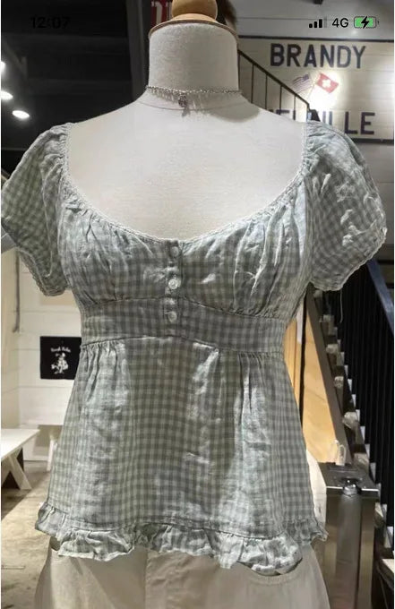 Vintage Gray Plaid Short Puff Sleeve Tee Women Three Button Square Neck Lace Trim T-Shirt Blouse Sweet Cute Retro Crop Tops New