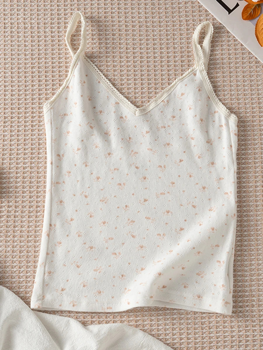 Sweet Floral Print Tank Tops Women New Cotton Slim Sexy Lace Trim V-neck Bow Sleeveless Vests Preppy Style Cute Camisole Y2K Top