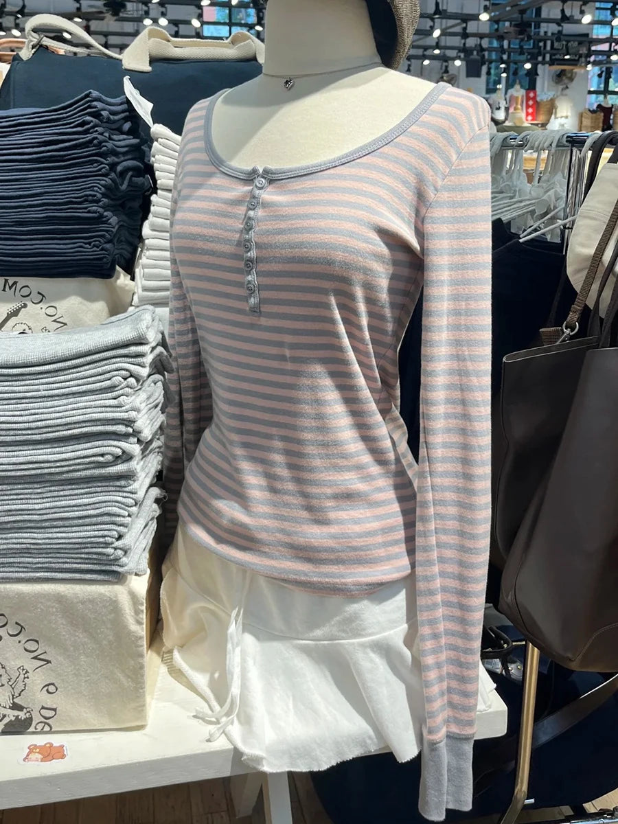 Sweet Pink Gray Striped Long Sleeve Tees Women Autumn Cute Cotton Buttons Slim T Shirt Tops Shoujo Clothes Simple Basic T-shirts
