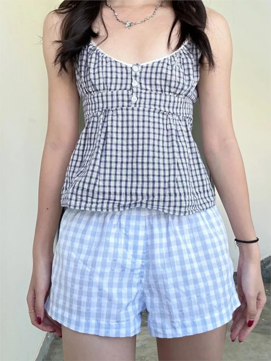 Gray Plaid Slim Buttons Tank Top Woman Summer New Lace Trim V-neck Back Lace-up Cotton Camis Vintage Sweet Chic Crop Tops Y2K