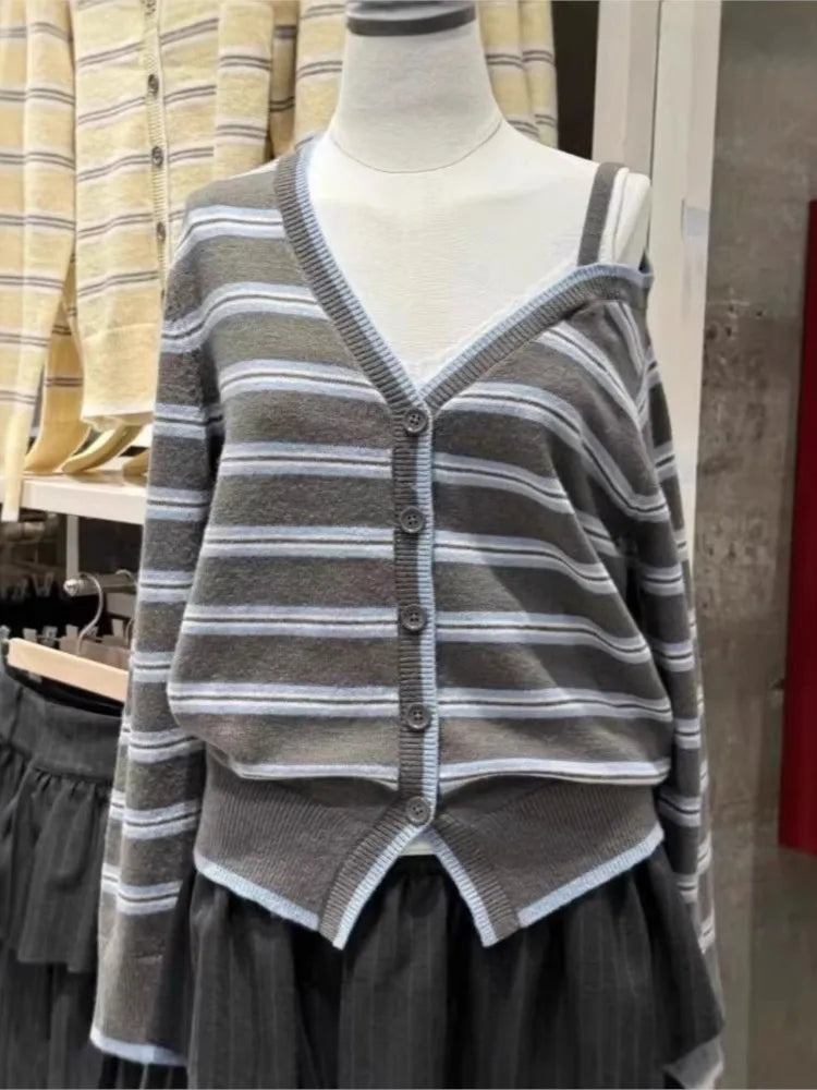 Striped Off-the-shoulder Knitted Cardigan Women Spring Streetwear Sexy Button Sweater Coat Simple Sweet Preppy Style Sweaters
