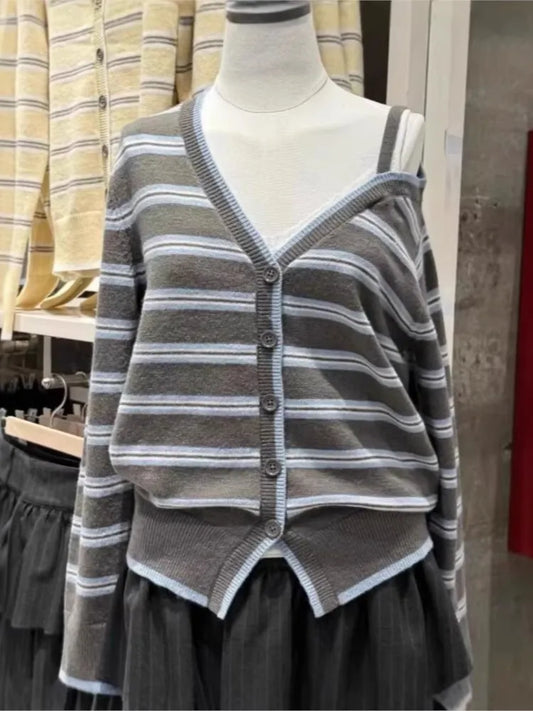 Striped Off-the-shoulder Knitted Cardigan Women Spring Streetwear Sexy Button Sweater Coat Simple Sweet Preppy Style Sweaters