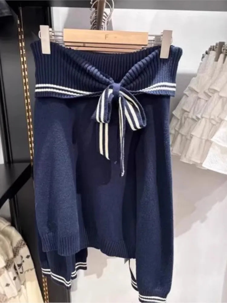 Off-the-shoulder Bowknot Sweater for Women Preppy Style Loose Tie-up Knitted Tops Vintage American Sweet Sweaters
