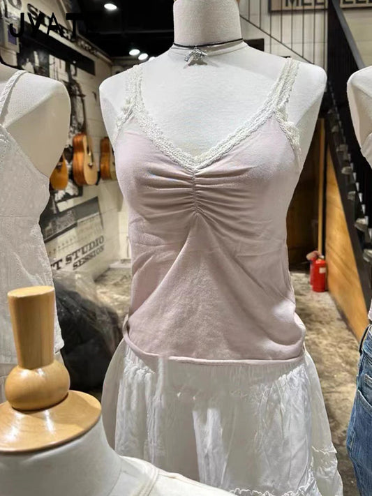 Lace Trim Pink V-neck Tank Tops Women Summer New Cotton Soft Sexy Streetwear Sleeveless Vests Sweet Vintage Casual Camisole Y2K