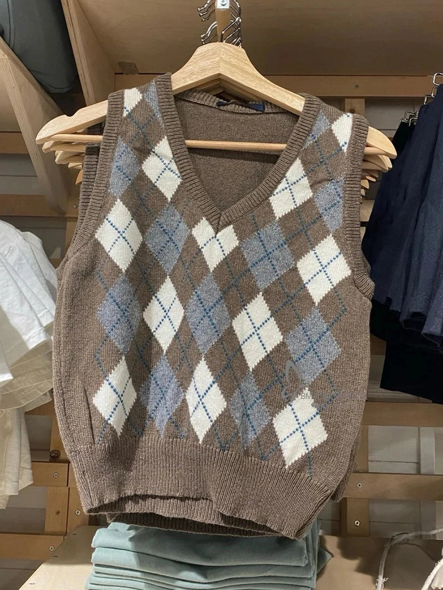 Argyle V-neck Knitted Vests Women Autumn Cotton Soft Casual Sleeveless Pullover Tank Tops Vintage Streetwear Chic Slim Sweaters