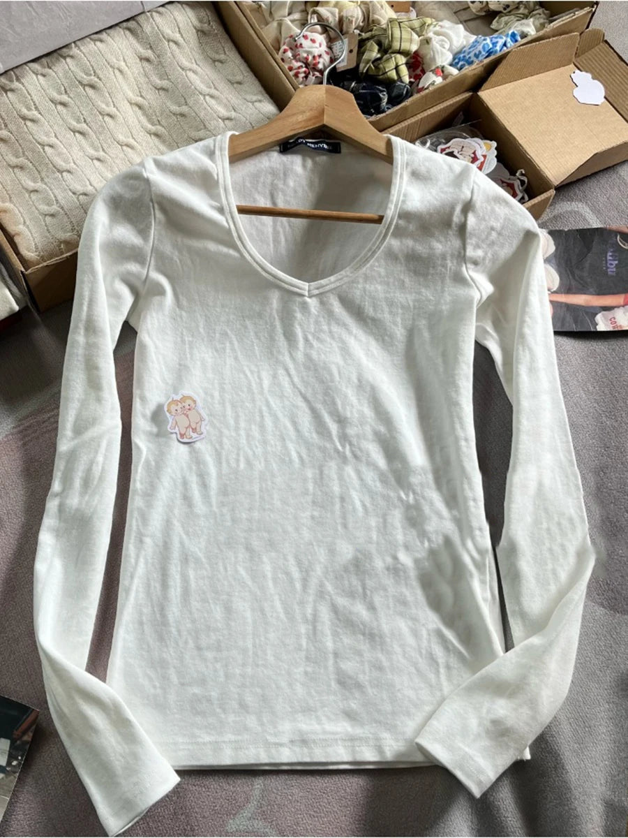 Solid V-neck Basic Long Sleeve Tees Women New Cotton Soft Simple Casual SlimTops Clothes All-match Simple T-shirts Spring