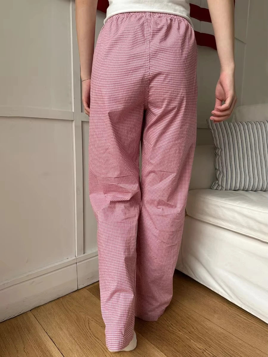 Pink Plaid Drawstring Straight Sweatpants Women Spring Cotton Casual High Waist Trousers Vintage Sweet Cute Sport Long Pants Y2K