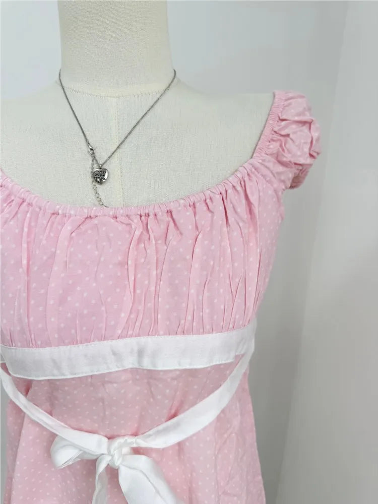 Pink Polka Dot Babydoll Top Women Summer New Casual Slim Lace-up Square Collar Tee Tops Sweet Vintage Preppy Style T-shirts Y2K