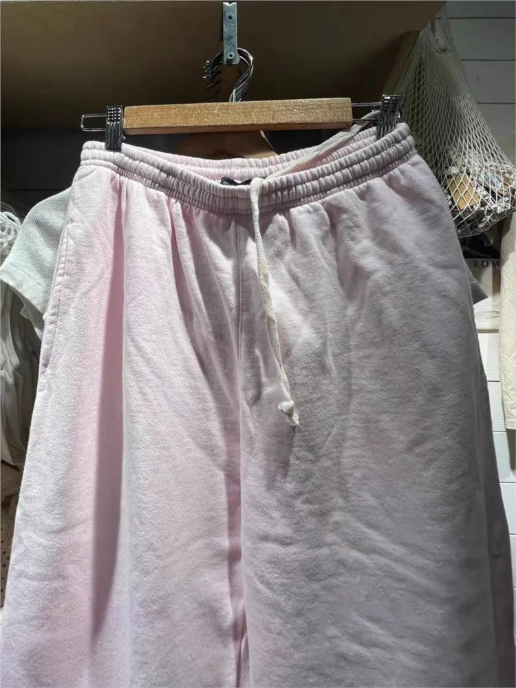 Pink Drawstring Straight Sweatpants Women Autumn Elastic Waist Cotton Loose Trousers Sweet Casual Streetwear Sport Y2K Long Pant