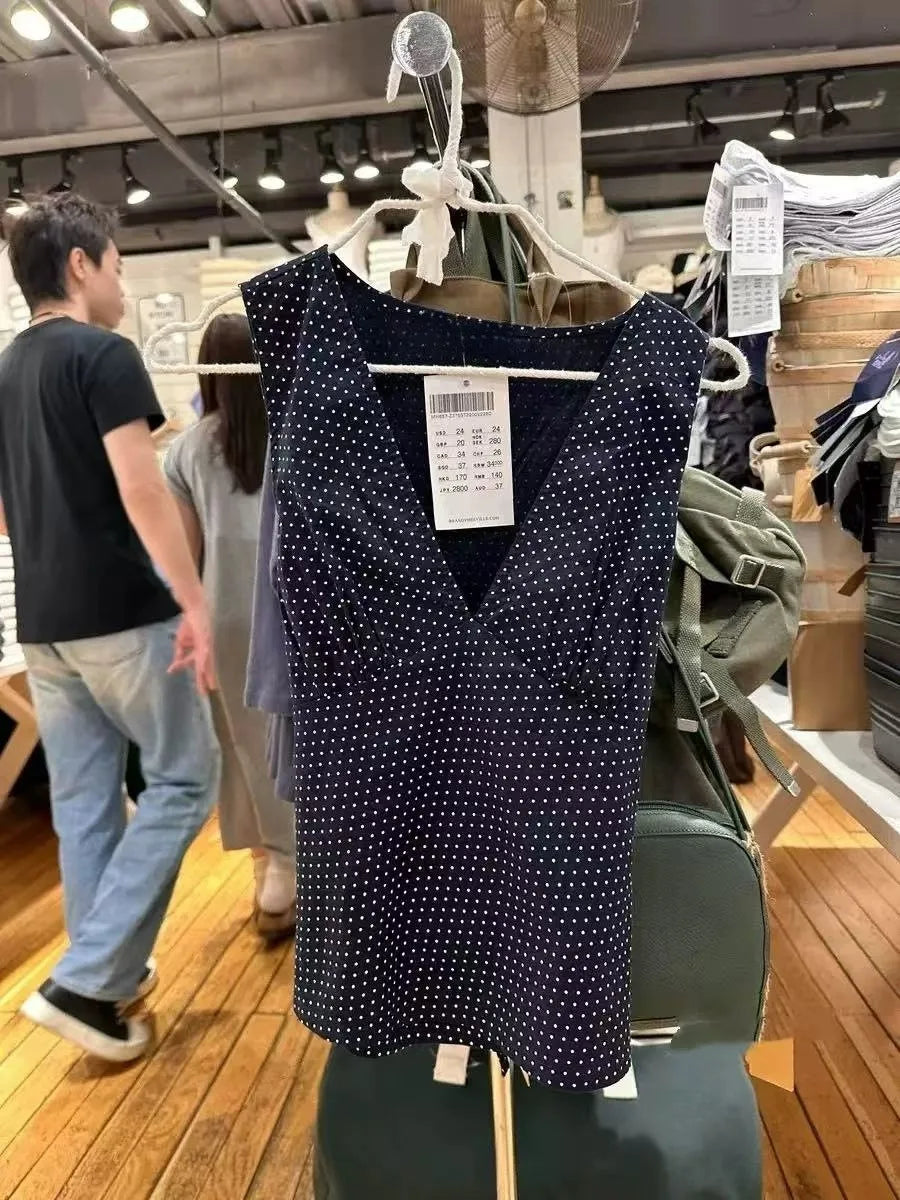 Vintage Polka Dot Sexy Deep V-neck Tank Tops Women Summer New Cotton Lace-up Slim Sleeveless Tees Retro Streetwear Sweet Vests