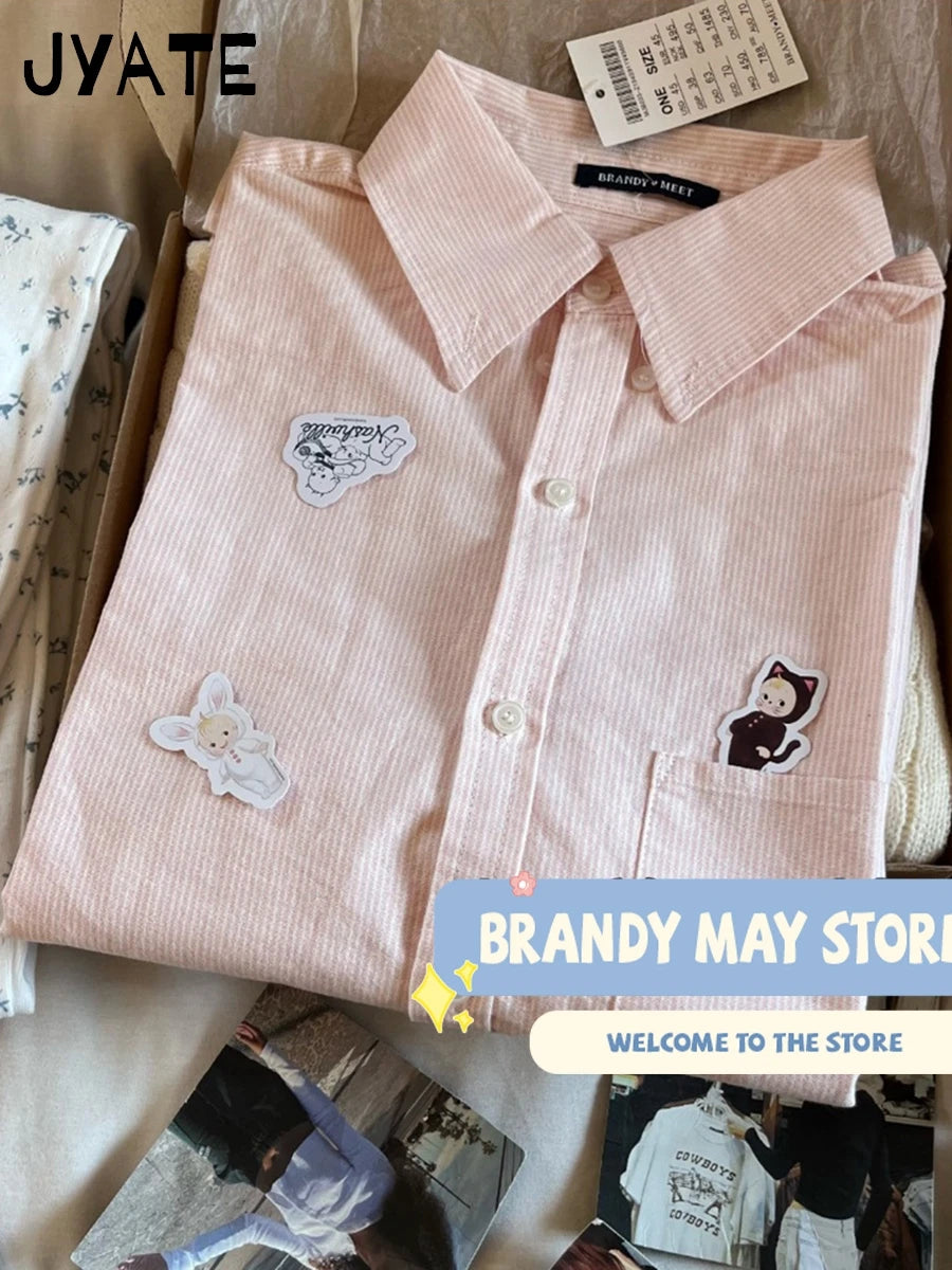 New Sweet Pink Striped Loose Blouse T-shirts Women Summer Casual Cotton Turn-down Collar Tees Preppy Cute Vintage Y2K Crop Tops