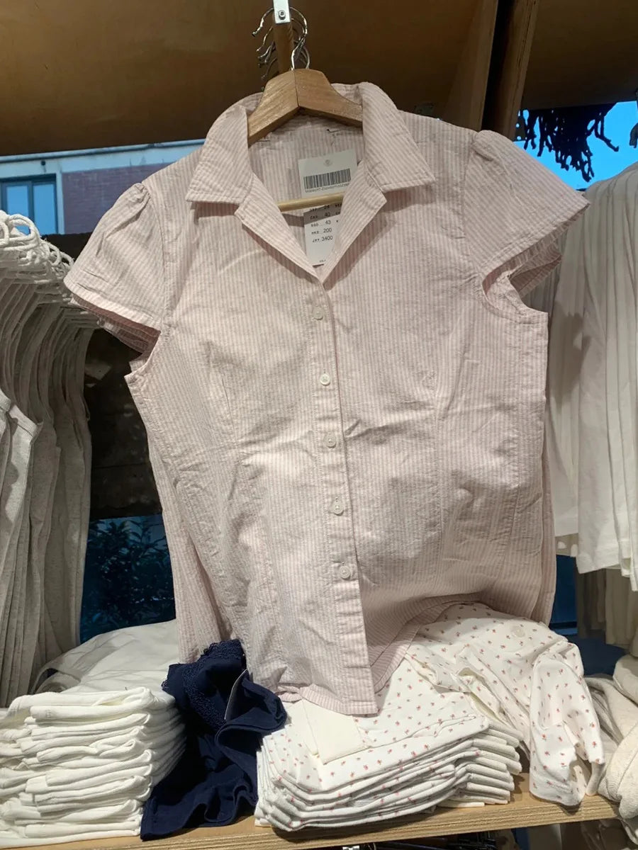 Sweet Pink Striped Button Blouse Women New Streetwear Casual Lapel Short Sleeve Tees Vintage Cute Preppy Style T-shirts Y2K Tops