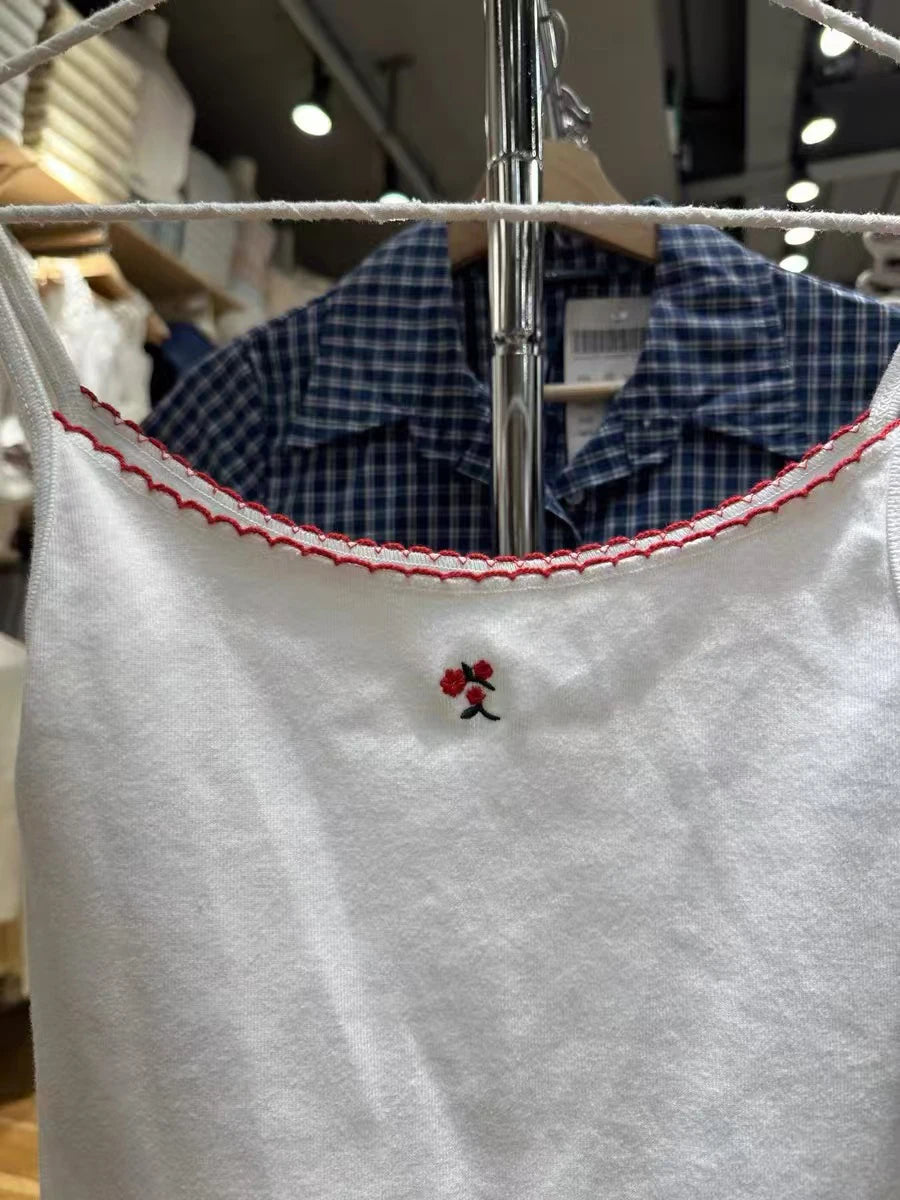 Lace Trim Red Floral Embroidery Crop Top Women White Cotton Slim Sleeveless Camisole Sweet Girls Cute Tank Tops Y2K Clothes New