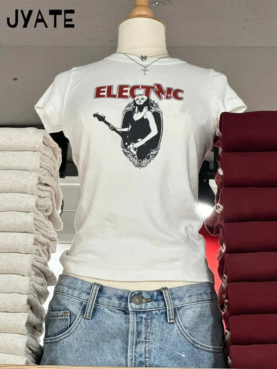 Guitarist Print O-neck Slim T-shirts Women New Cotton Street Simple White Short Sleeve Tops Clothes Vintage Chic Casual Tshirt