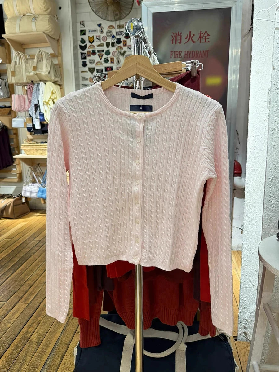 Pink Twist Cotton Long Sleeve Knitted Cardigan Women Simple O-neck Casual Preppy Style Jumper Sweet Prepppy Style Sweater Top