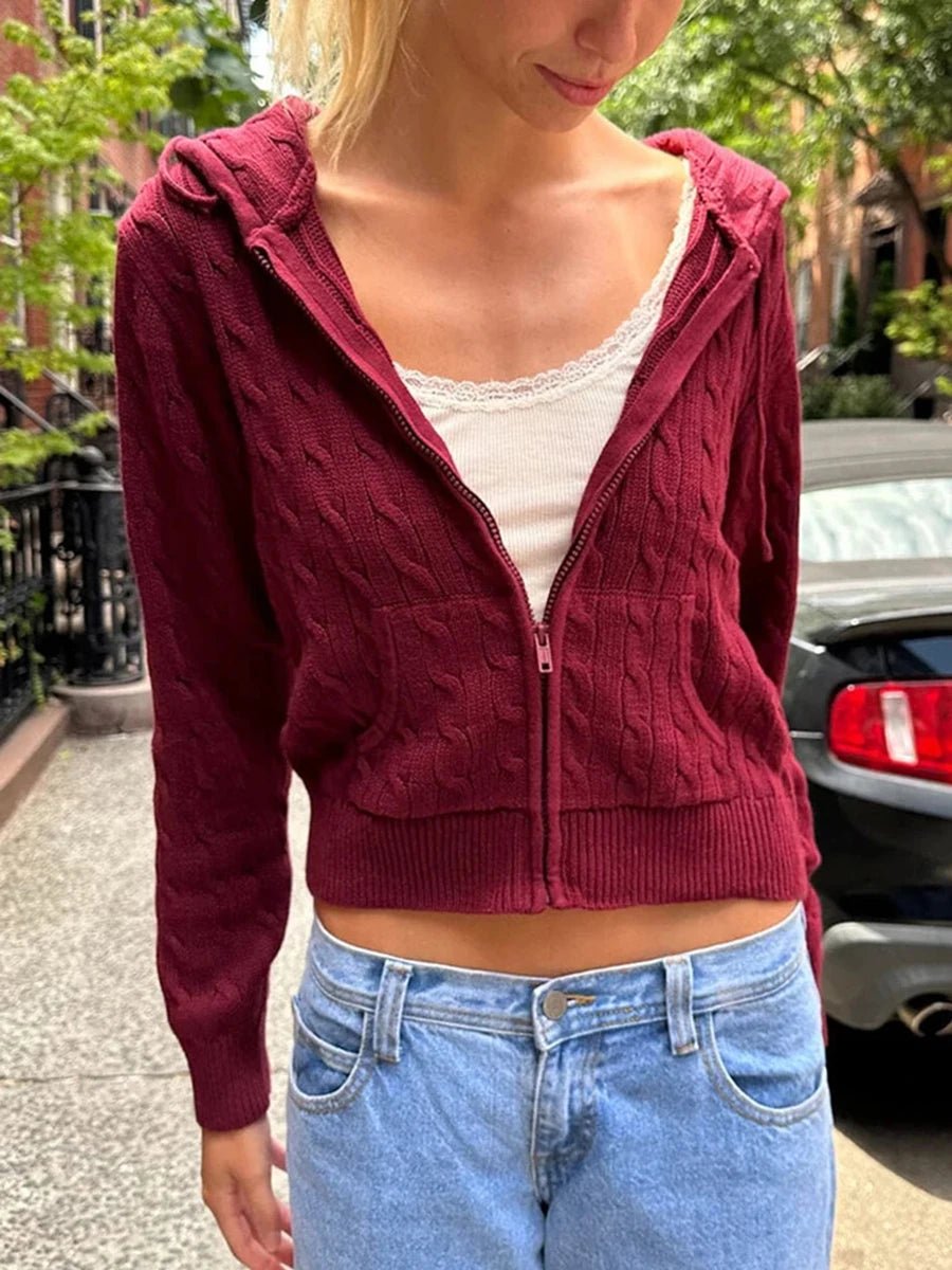Simple Solid Twisted Flower Knit Cardigan Sweater Women Autumn Long Sleeve Pocket Hooded Zipper Coat Sweet Preppy Style Knitwear