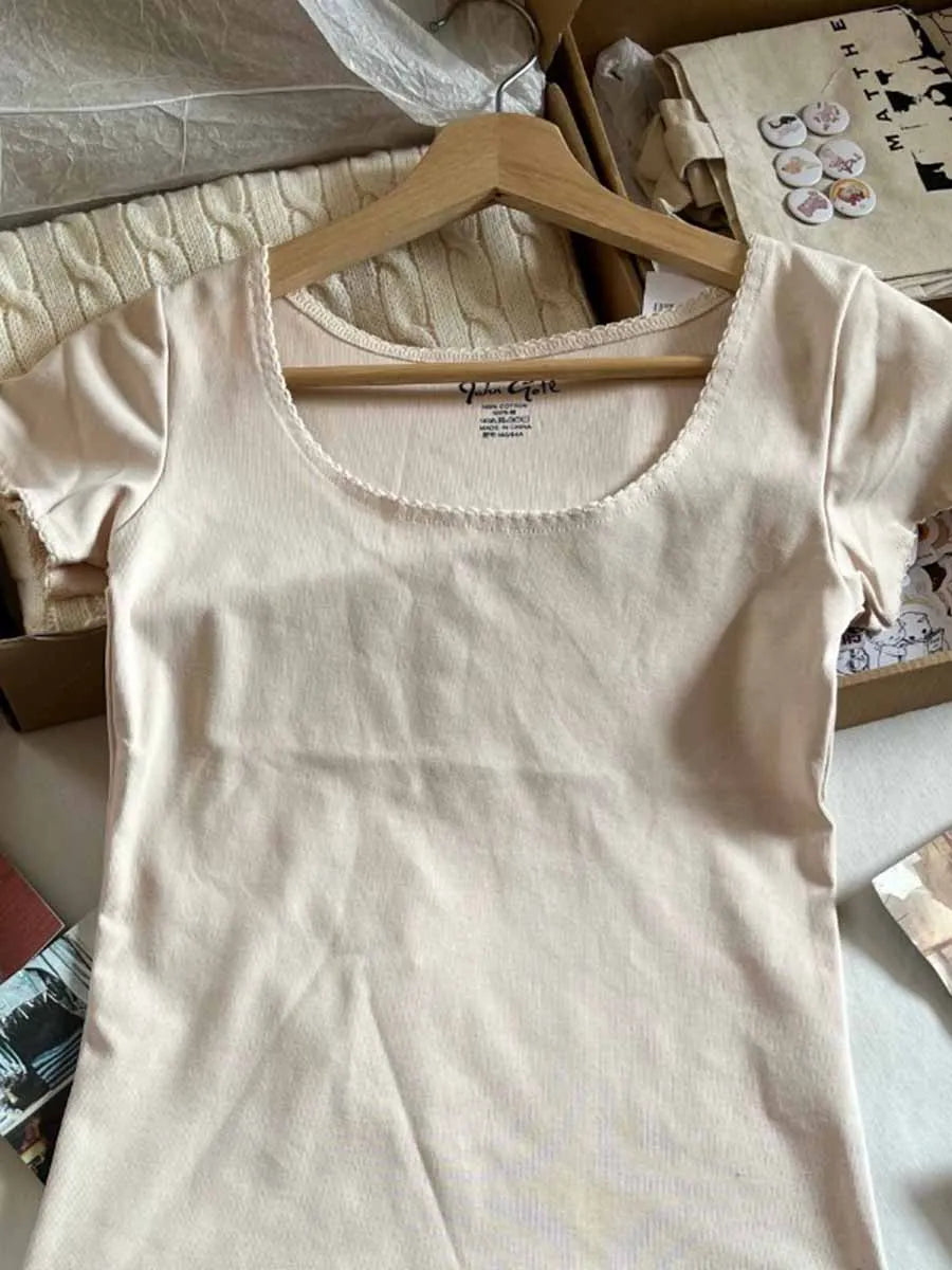 Sweet Crew Neck Solid Short Sleeve Tees Women Summer New Cotton Soft Casual Streetwear Chic Tops Vintage Cute Harajuku T-shirts