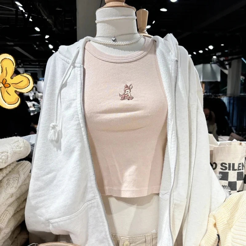 Little Deer Embroidery Crop Tops Women New Cotton Soft Casual Simple Cute Slim Short Sleeve Tees Preppy Style Sweet T-shirts Y2K