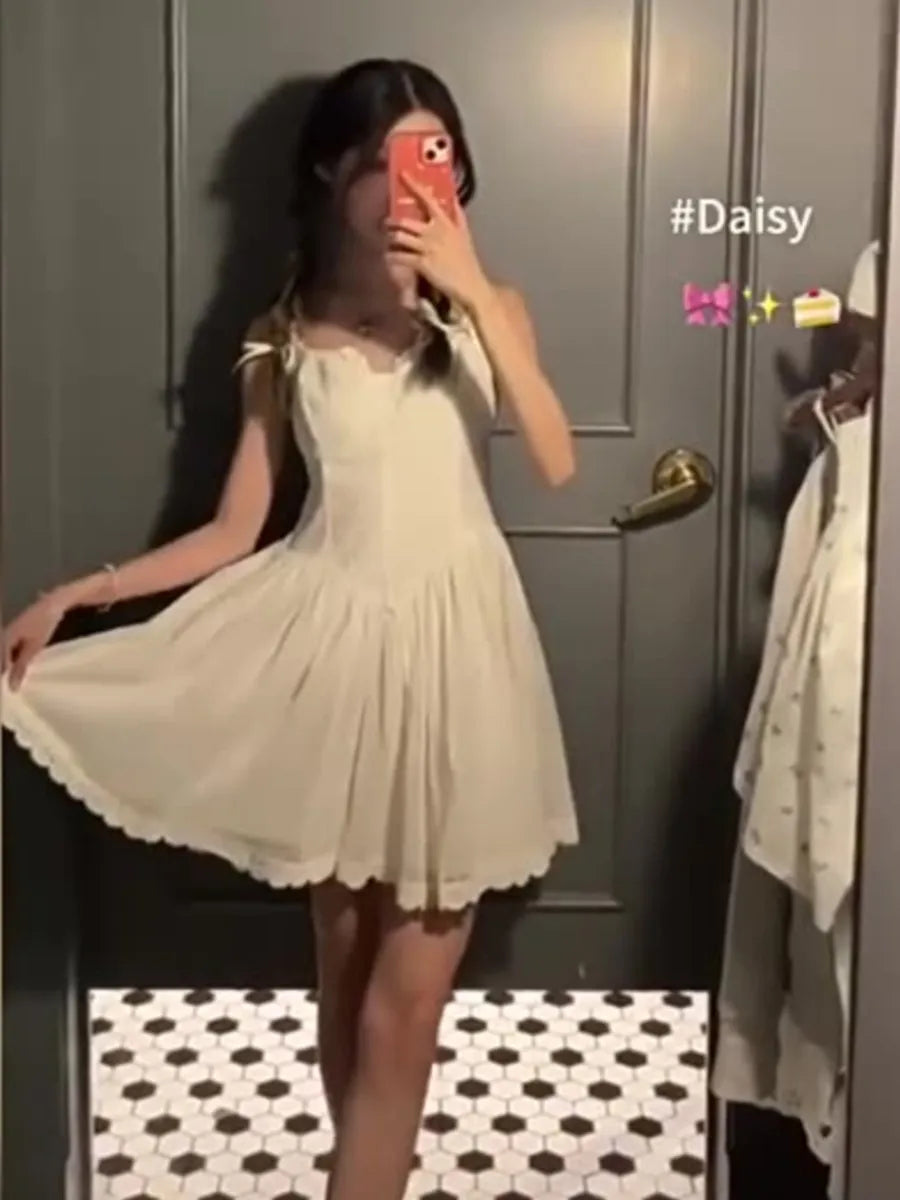White Lace Trim Bow Mini Dress Women Summer Streetwear Button Sleeveless A-line Short Vestidos Vintage Sweet Elegant Dresses New