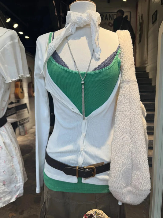 Women's Green Slim Camisole Streetwear Casual Simple Lace Trim Cotton Ribbed Sleeveless Vest Vintage Chic Preppy Style Tank Tops