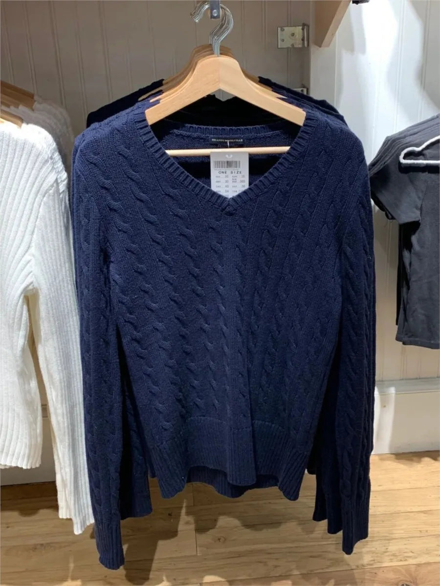 Navy Twisted Flower Knitted Sweater For Woman Spring V-neck Long Sleeve Slim Pullover Cute Vintage Streetwear Jumper Tops Y2k