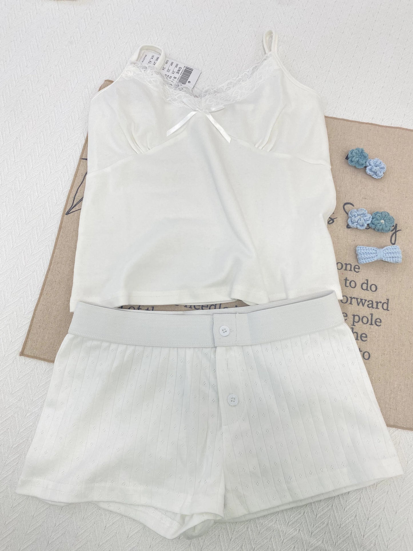 Sweet Bow White Tank Shorts Cotton Set Women Lace Trim V-neck Vest+Buttons Straight Short Boxer Short Pant Cute Home Pajama Sets