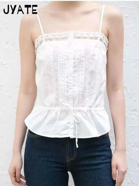 Sweet Lace Trim White Strap Tank Tops Women Cotton Casual Patchwork Preppy Style Sleeveless Vests Cute Chic Vintage Camisole Y2K