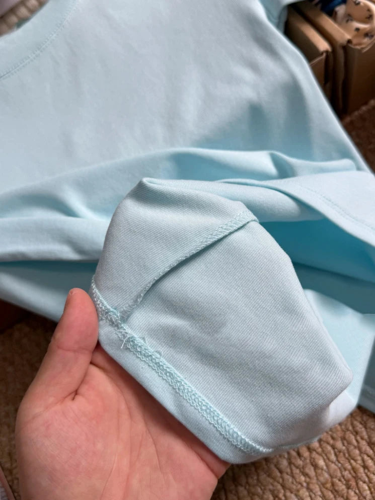 Light Blue Slim Basic T-shirts Woman Summer O-neck Short Sleeve Cotton Tee Shirts Solid Simple Casual All-match Tshirt Tops