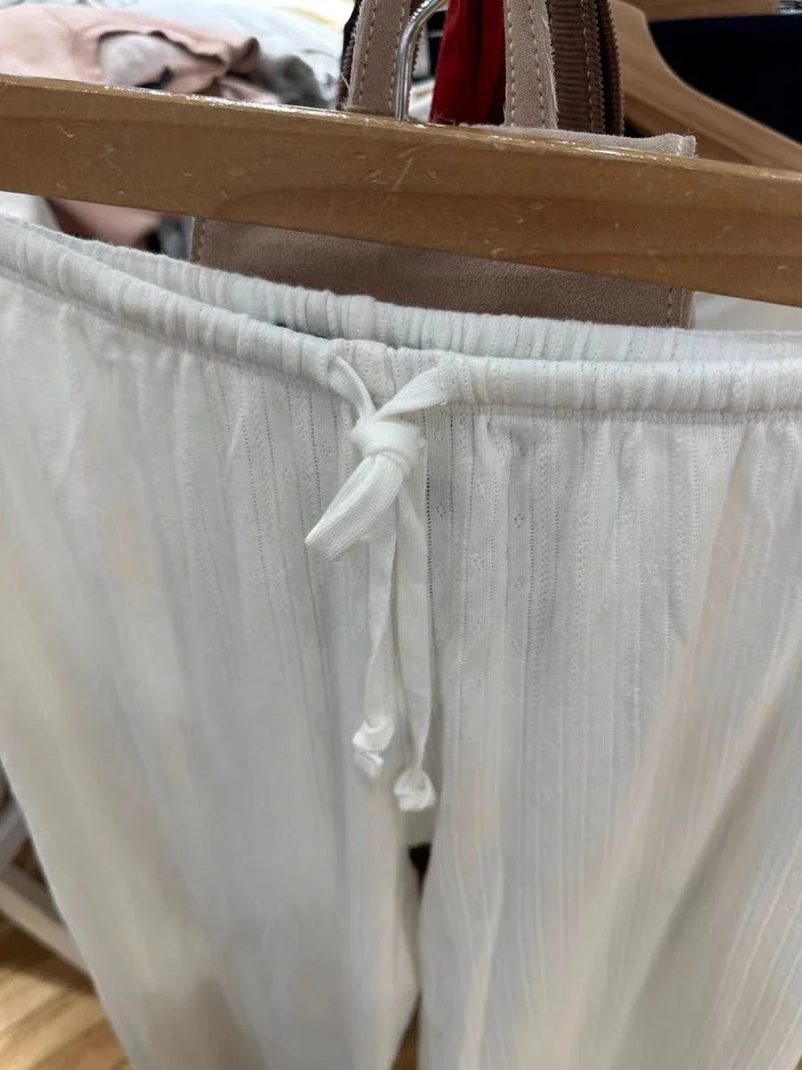 Eyelet Drawstring Straight Long Pants Women Autumn Simple High Waist Cotton Soft Trousers Sweet All-match Home Pajama Pants Y2K