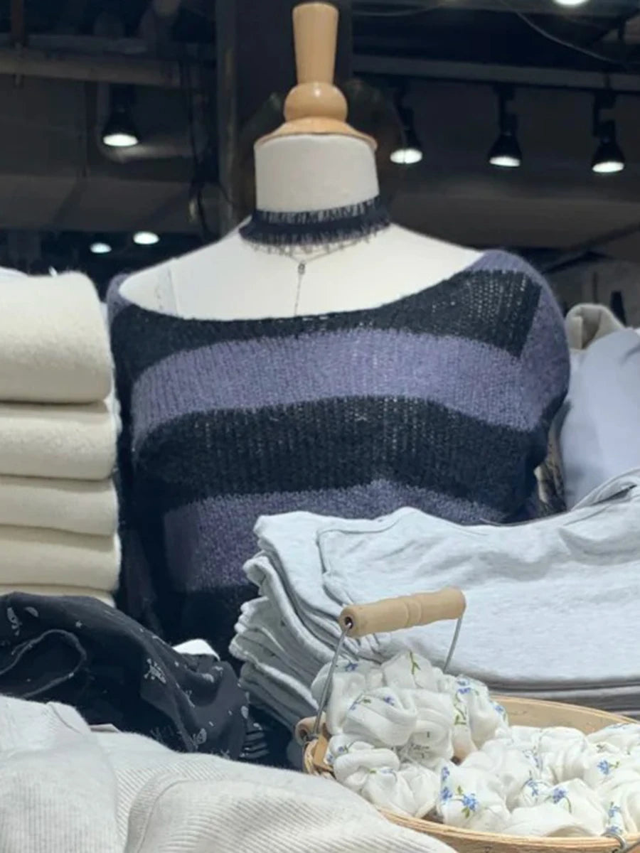 Striped Knitted Long Sleeve Woman Scoop Neck Cotton Thin Smock Autumn Casual Vintage Streetwear Tee Shirts Y2k Tops New Clothes